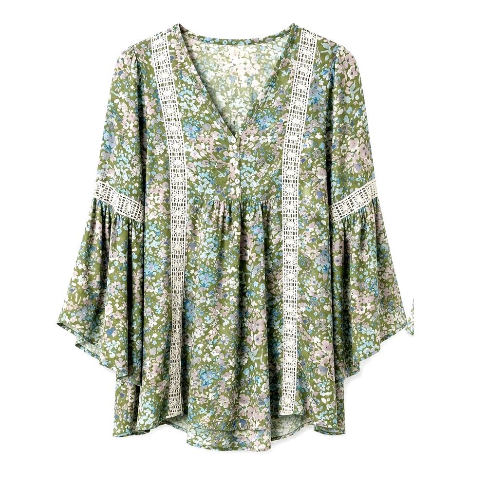 Spense Floral Boho Peasant Blouse Crochet Lace Trim 3/4 Sleeve Women's Small